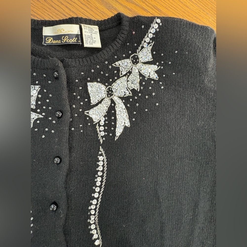 VTG Dana Scott Cardigan Christmas Sweater Black Silk Wool Angora Blend Women’s M - Picture 7 of 14